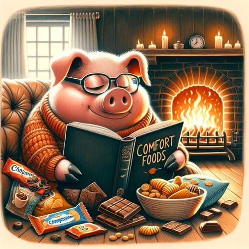 A whimsical illustration of a pig wearing glasses and reading a book titled 'Comfort Foods', surrounded by various snacks like chocolates and chips. The background is a cozy room with a fire burning in the fireplace, capturing the essence of comfort and slight indulgence.